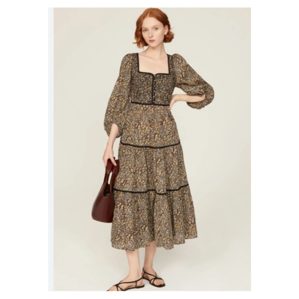 Madewell Black Floral Tiered Midi Dress